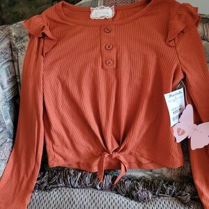 Btween Big Kids Orange Long Sleeve Top with Ruffle Detail